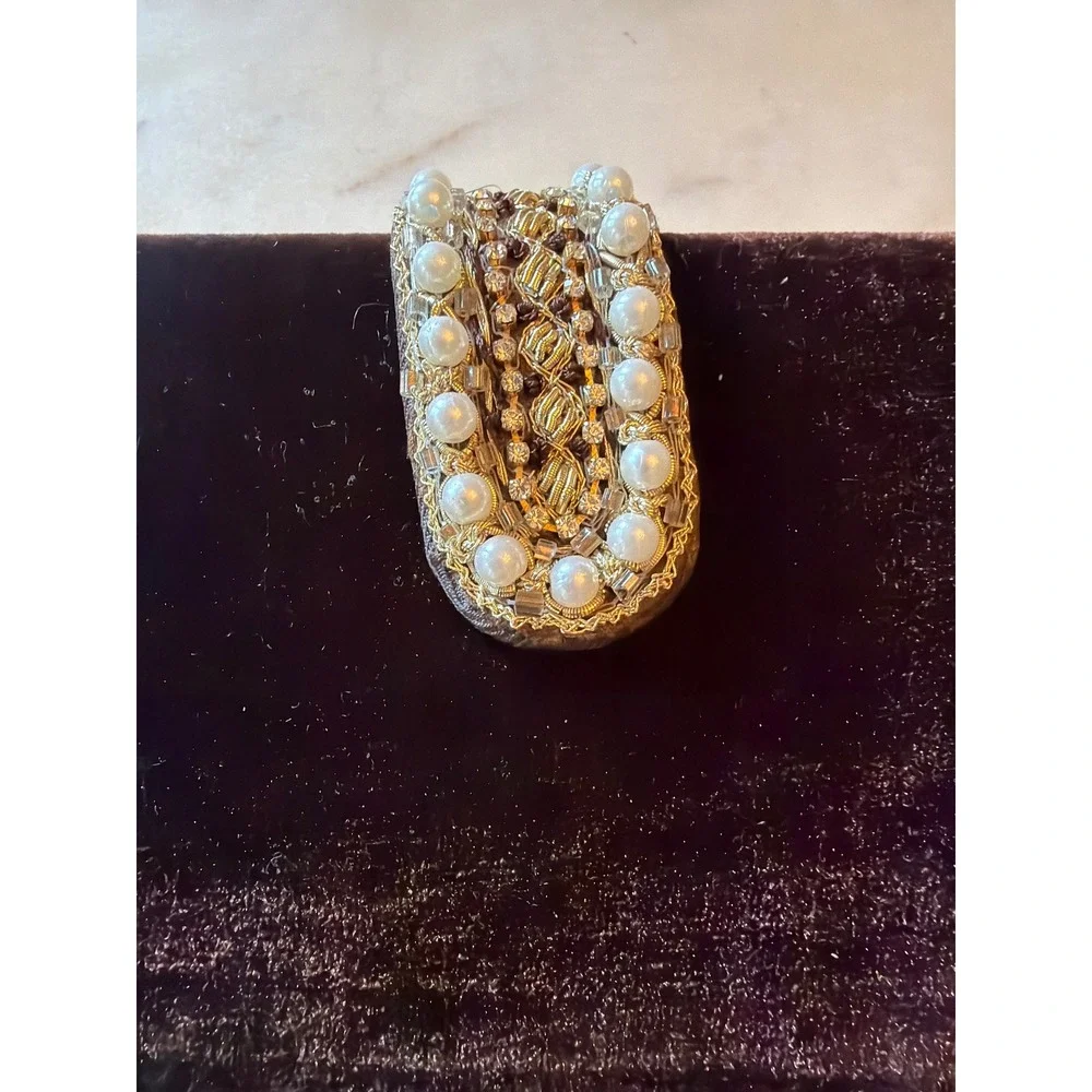 Velvet Clutch Brown Beaded Pearl Clasp Evening Bag Rectangle Formal
